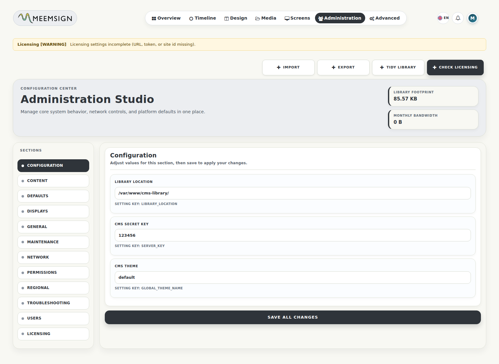 Administration settings